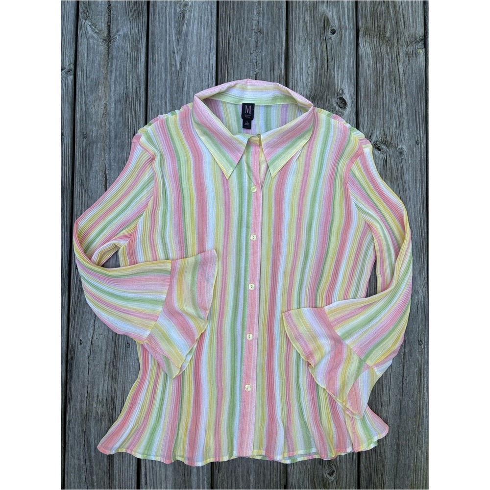 Milano Y2K Pastel Rainbow Stripe Micro Pleated Blouse Trumpet Sleeve Size 1X